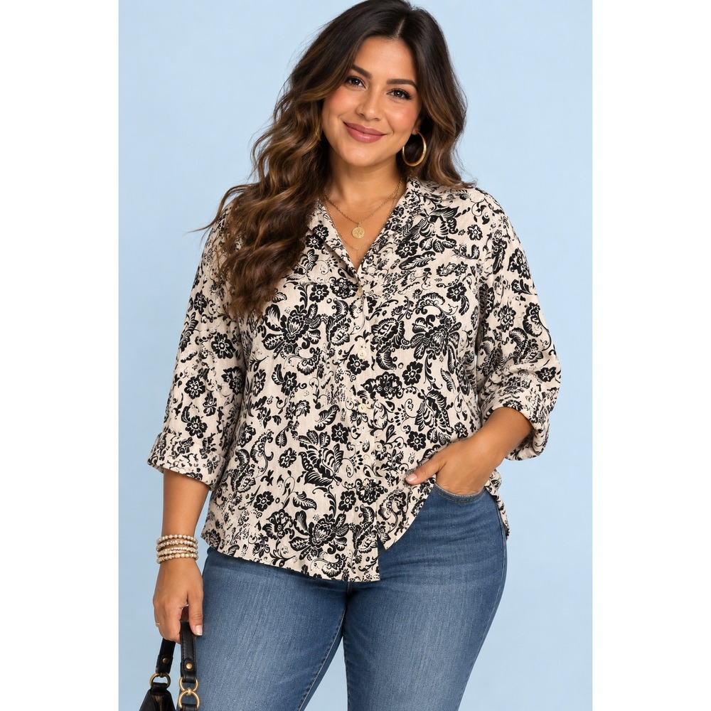 Lucy & Laurel 1X Linen Button Down Shirt Black Floral Paisley Lagenlook Boho
